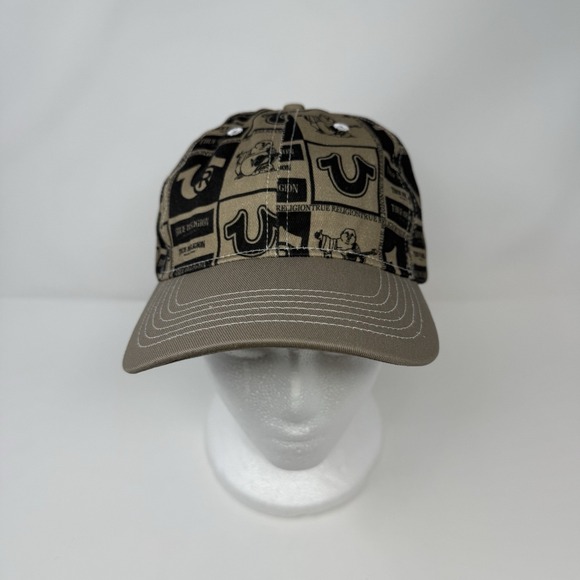 NWT TRUE RELIGION MENS BLACK BROWN TAN LOGO PRINT STRAPBACK BASEBALL CAP HAT - Picture 1 of 5